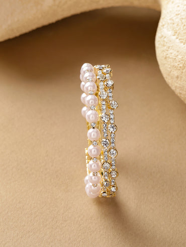 White Studded Pearl Embellished Golden Bracelet