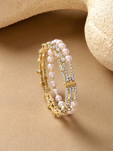 White Studded Pearl Embellished Golden Bracelet