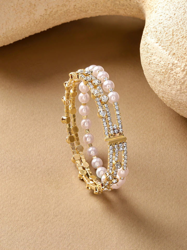 Rubans 18K Gold-Plated Brass White Pearl & Crystal AD Stones Dual-Row Bracelet
