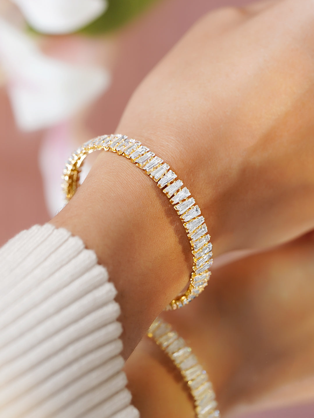 Rubans 18K Gold-Plated Brass Baguette-Cut Crystal AD Stones Openable Cuff Bracelet