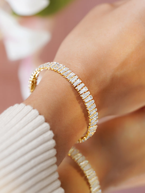 Rubans 18K Gold-Plated Brass Baguette-Cut Crystal AD Stones Openable Cuff Bracelet