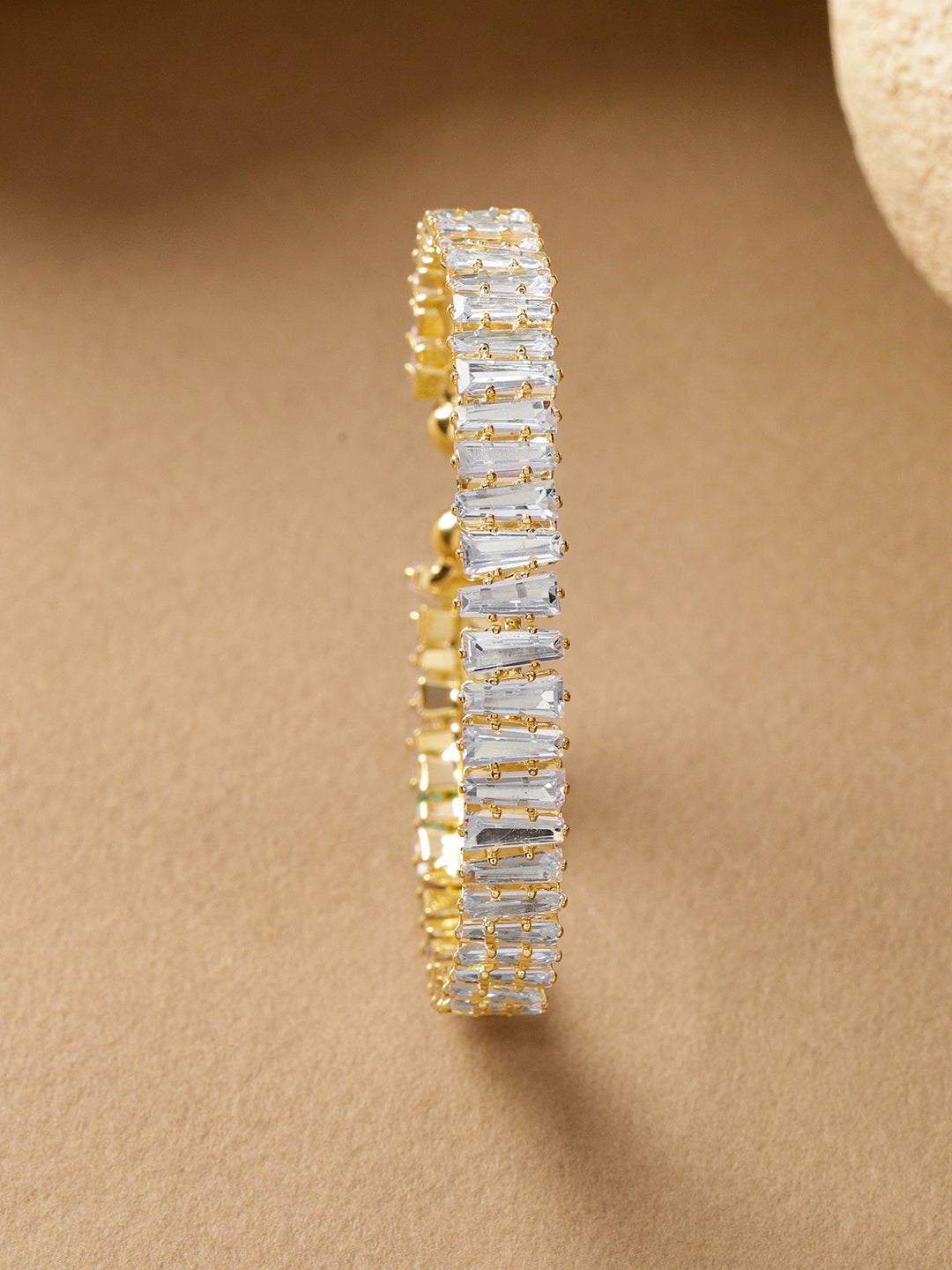 Rubans 18K Gold-Plated Brass Baguette-Cut Crystal AD Stones Openable Cuff Bracelet