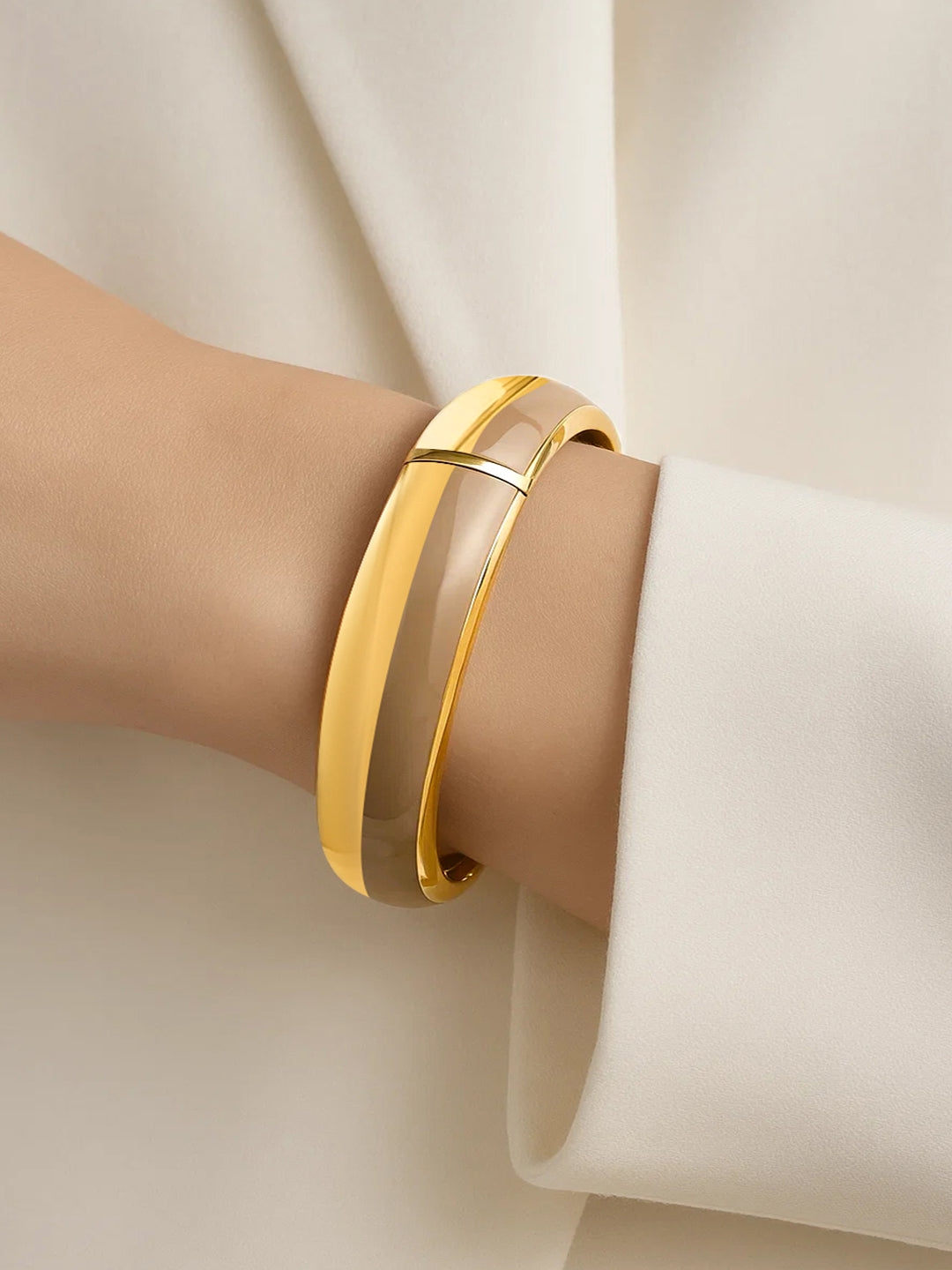 Rubans 22K Gold-Plated Dual-Tone Nude Beige Enamel Bold Statement Bangle Bracelet