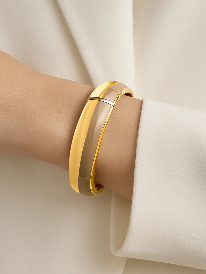 Rubans 22K Gold-Plated Dual-Tone Nude Beige Enamel Bold Statement Bangle Bracelet