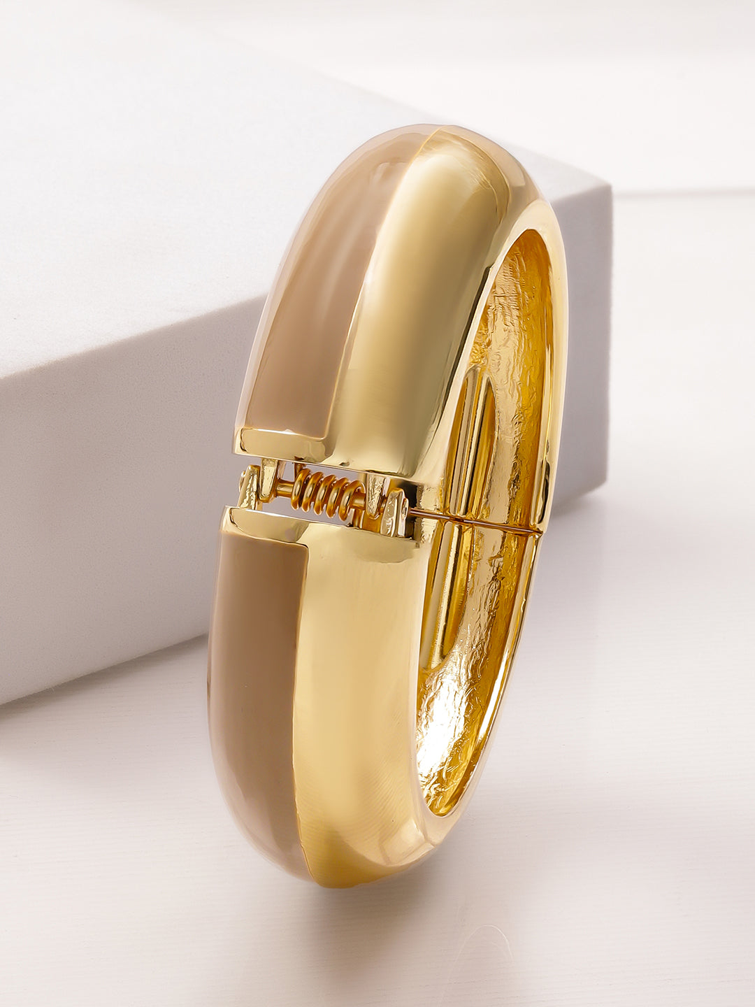 Rubans 22K Gold-Plated Dual-Tone Nude Beige Enamel Bold Statement Bangle Bracelet