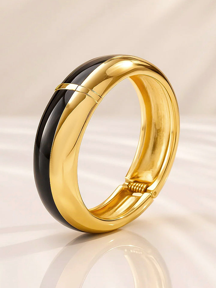 Rubans 22K Gold-Plated Brass Dual-Tone Glossy Black Enamel Bold Statement Bangle Bracelet
