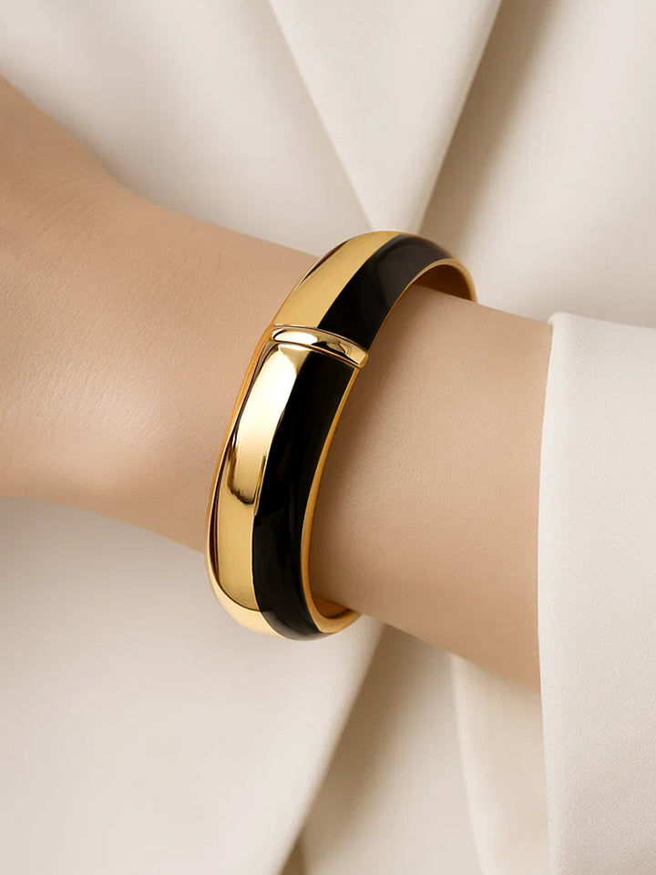 Rubans 22K Gold-Plated Brass Dual-Tone Glossy Black Enamel Bold Statement Bangle Bracelet