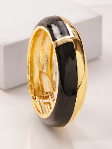 Rubans 22K Gold-Plated Brass Dual-Tone Glossy Black Enamel Bold Statement Bangle Bracelet