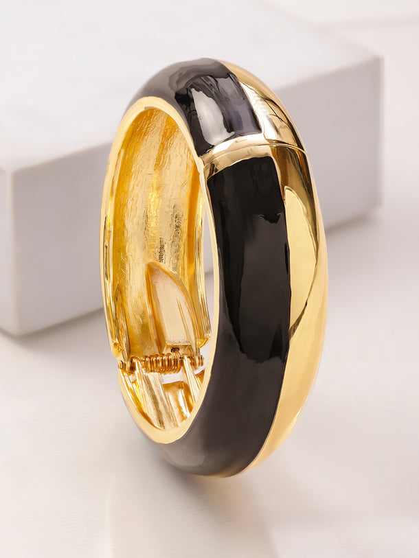 Rubans 22K Gold-Plated Brass Dual-Tone Glossy Black Enamel Bold Statement Bangle Bracelet