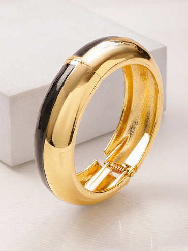 Rubans 22K Gold-Plated Brass Dual-Tone Glossy Black Enamel Bold Statement Bangle Bracelet