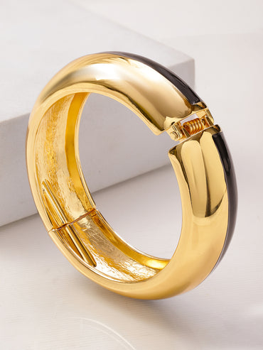 Rubans 22K Gold-Plated Brass Dual-Tone Glossy Black Enamel Bold Statement Bangle Bracelet