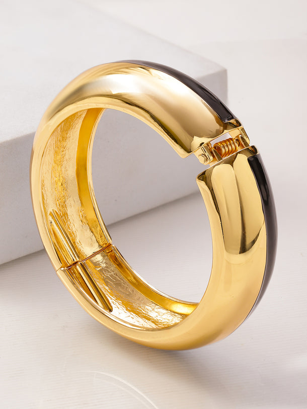 Rubans 22K Gold-Plated Brass Dual-Tone Glossy Black Enamel Bold Statement Bangle Bracelet