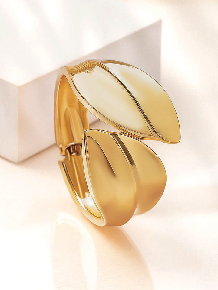 Women 22K Gold-Plated Brass Bold Leaf Design Openable Statement Bracelet