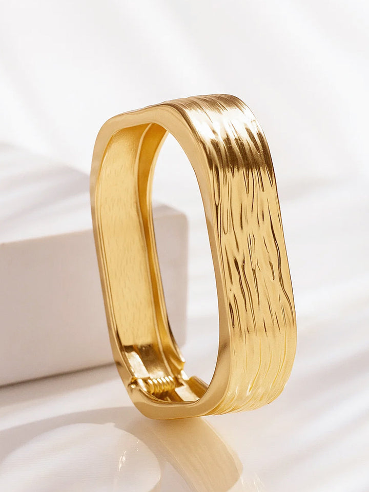 Women 22K Gold-Plated Brass Bold Square Textured Statement Bangle Bracelet