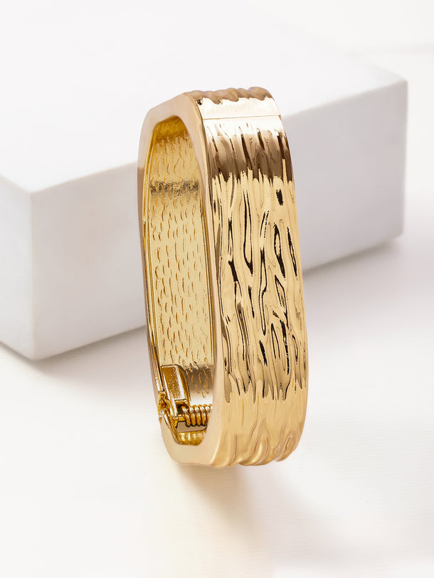 Women 22K Gold-Plated Brass Bold Square Textured Statement Bangle Bracelet