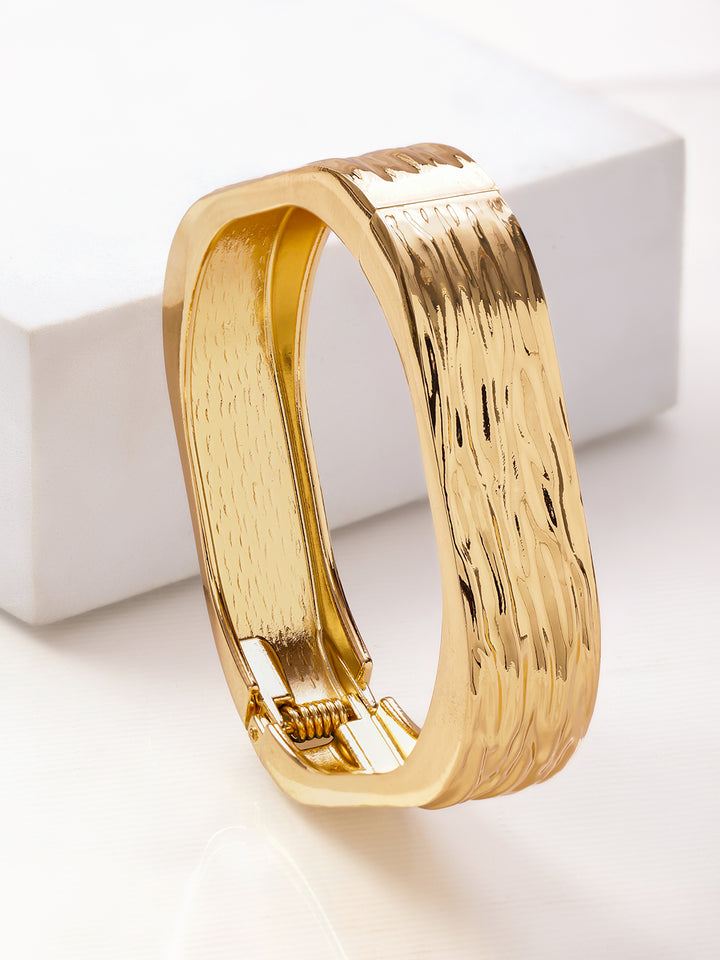 Women 22K Gold-Plated Brass Bold Square Textured Statement Bangle Bracelet