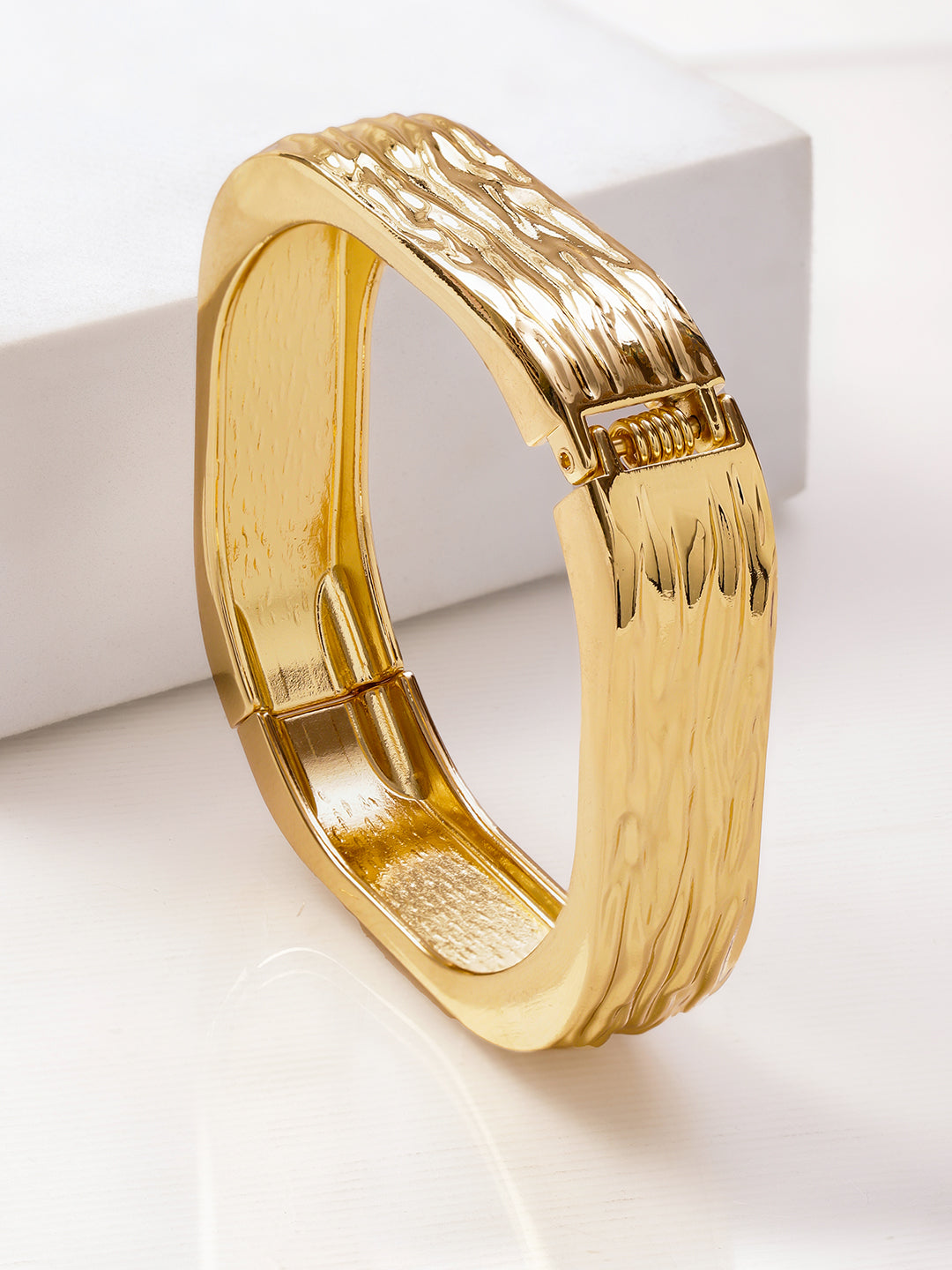 Women 22K Gold-Plated Brass Bold Square Textured Statement Bangle Bracelet