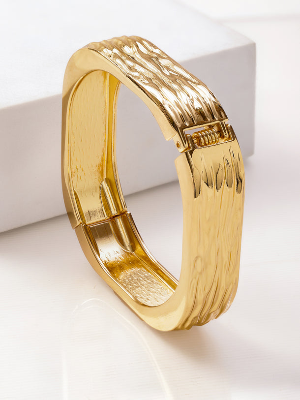 Women 22K Gold-Plated Brass Bold Square Textured Statement Bangle Bracelet