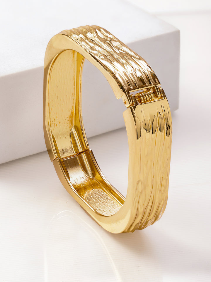 Women 22K Gold-Plated Brass Bold Square Textured Statement Bangle Bracelet