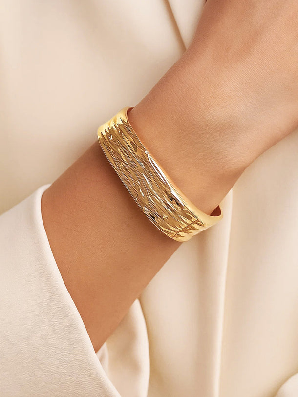 Women 22K Gold-Plated Brass Bold Square Textured Statement Bangle Bracelet