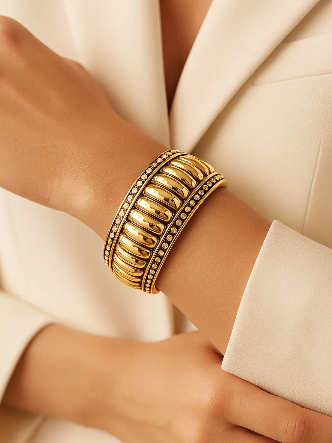 Rubans 22K Gold-Plated Brass Ridged Textured Finish Bold Statement Bangle Bracelet