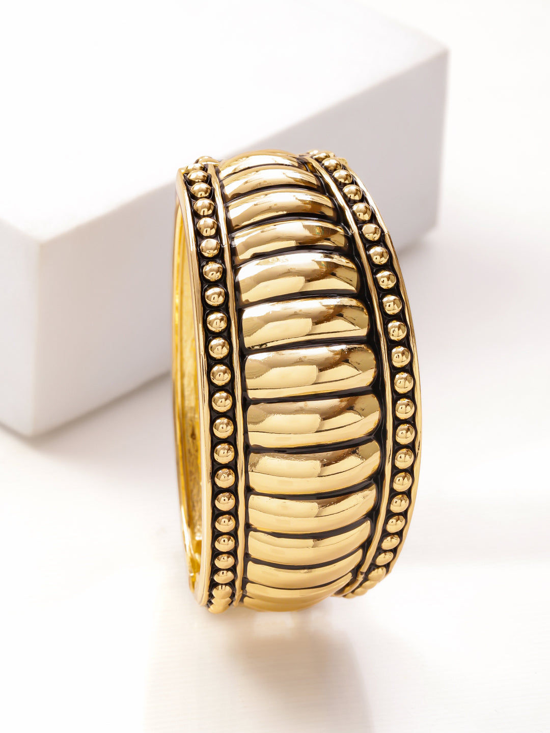 Rubans 22K Gold-Plated Brass Ridged Textured Finish Bold Statement Bangle Bracelet