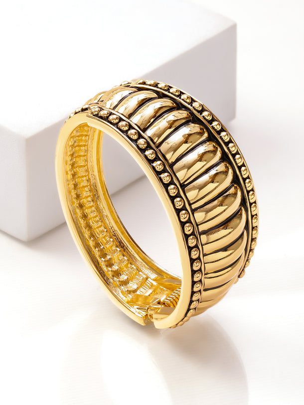 Rubans 22K Gold-Plated Brass Ridged Textured Finish Bold Statement Bangle Bracelet