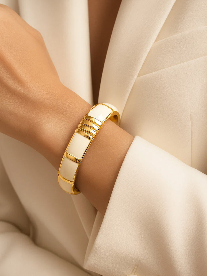 Rubans 22K Gold-Plated Brass Glossy White Enamel Bold Statement Bangle Bracelet