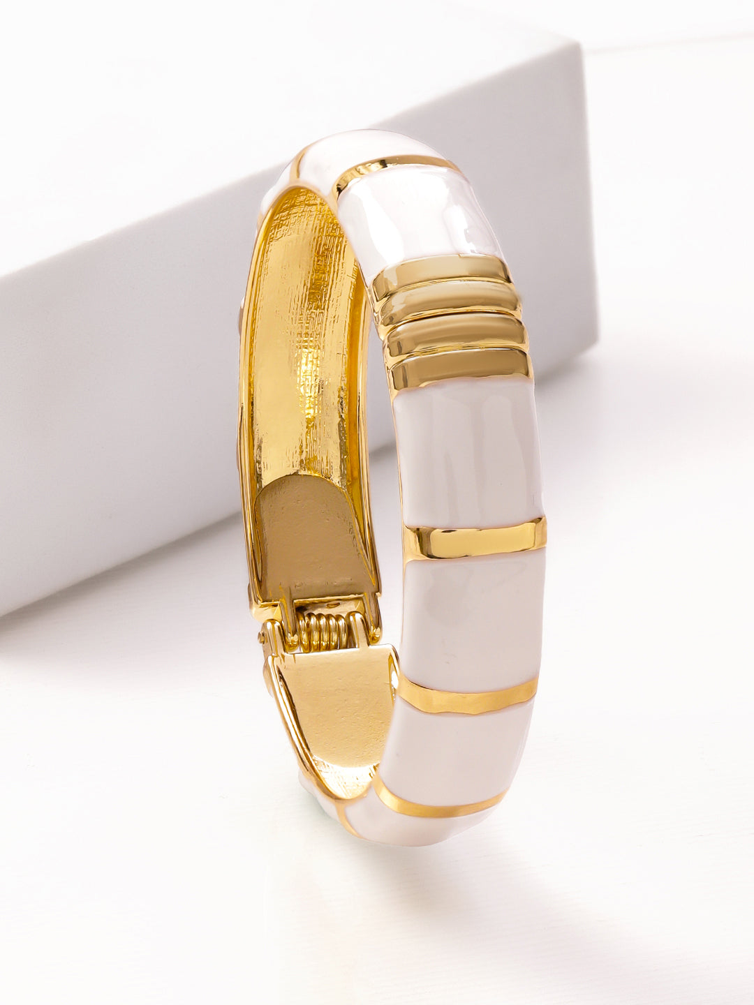 Rubans 22K Gold-Plated Brass Glossy White Enamel Bold Statement Bangle Bracelet