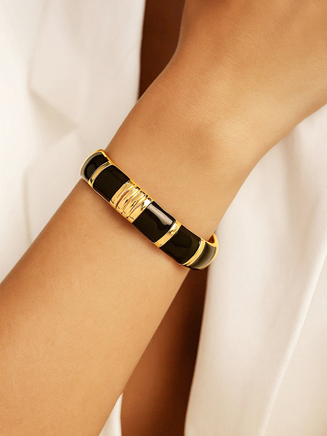 Rubans 22K Gold-Plated Brass Segmented Glossy Black Enamel Bold Statement Bangle Bracelet