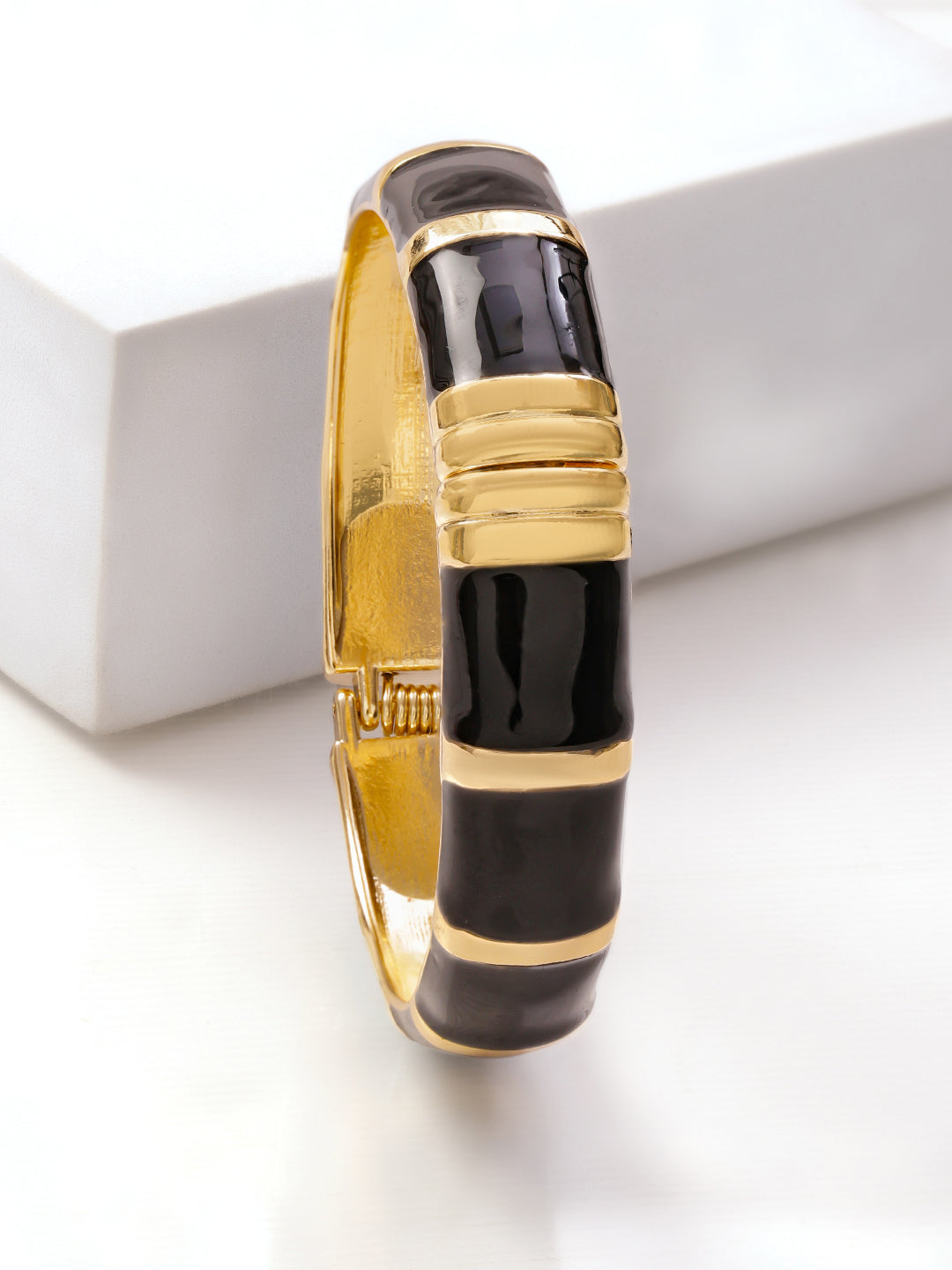 Rubans 22K Gold-Plated Brass Segmented Glossy Black Enamel Bold Statement Bangle Bracelet