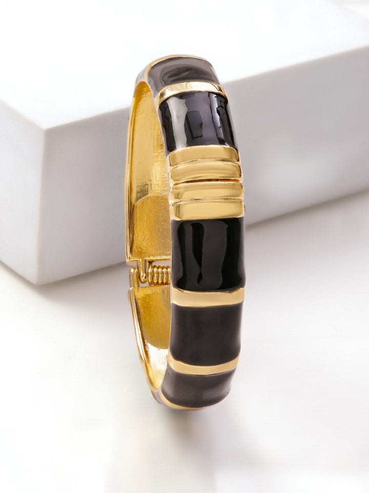 Rubans 22K Gold-Plated Brass Segmented Glossy Black Enamel Bold Statement Bangle Bracelet
