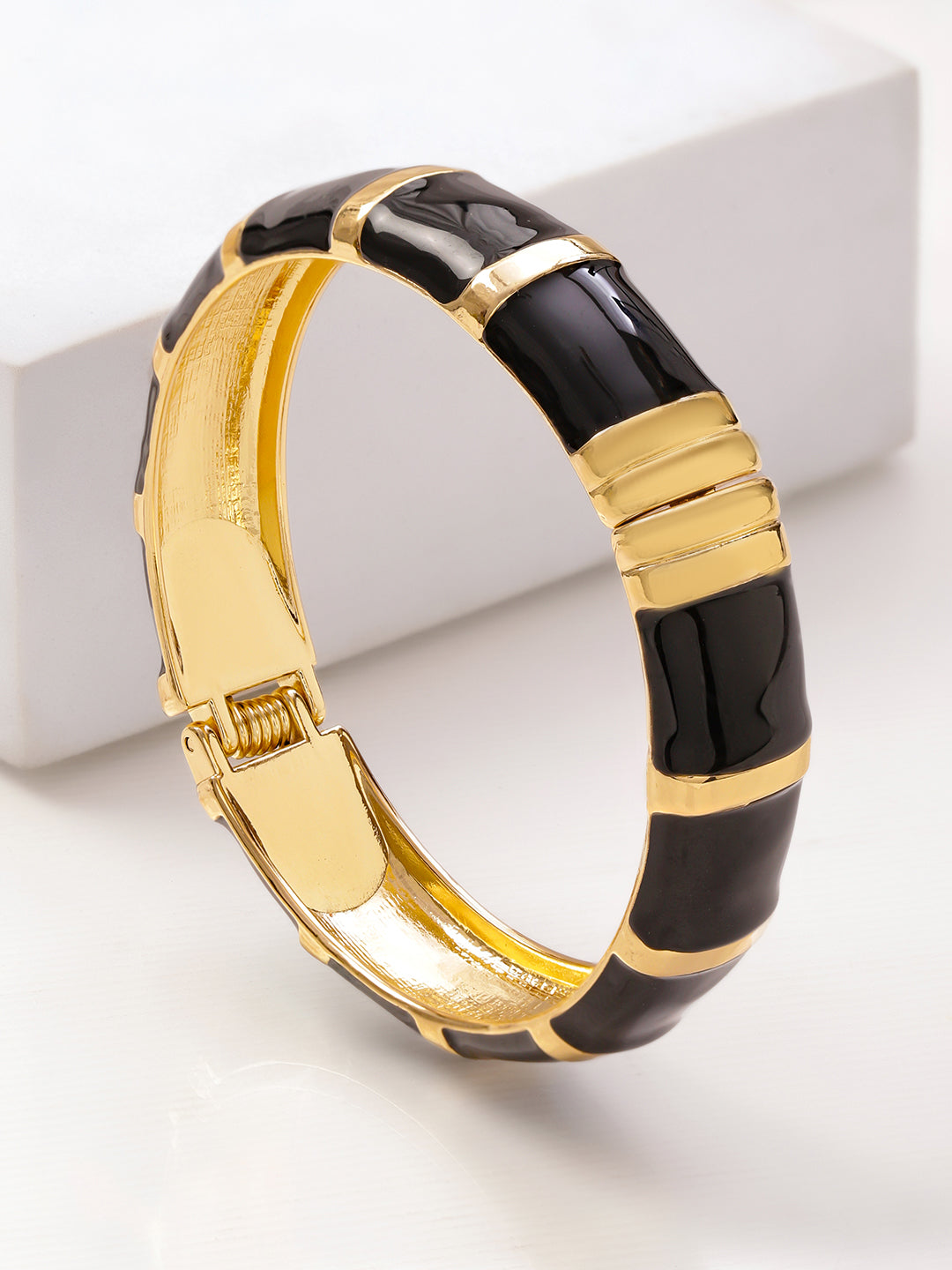 Rubans 22K Gold-Plated Brass Segmented Glossy Black Enamel Bold Statement Bangle Bracelet