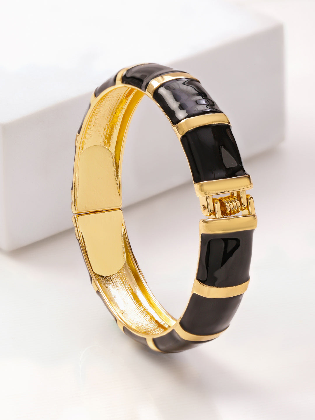Rubans 22K Gold-Plated Brass Segmented Glossy Black Enamel Bold Statement Bangle Bracelet