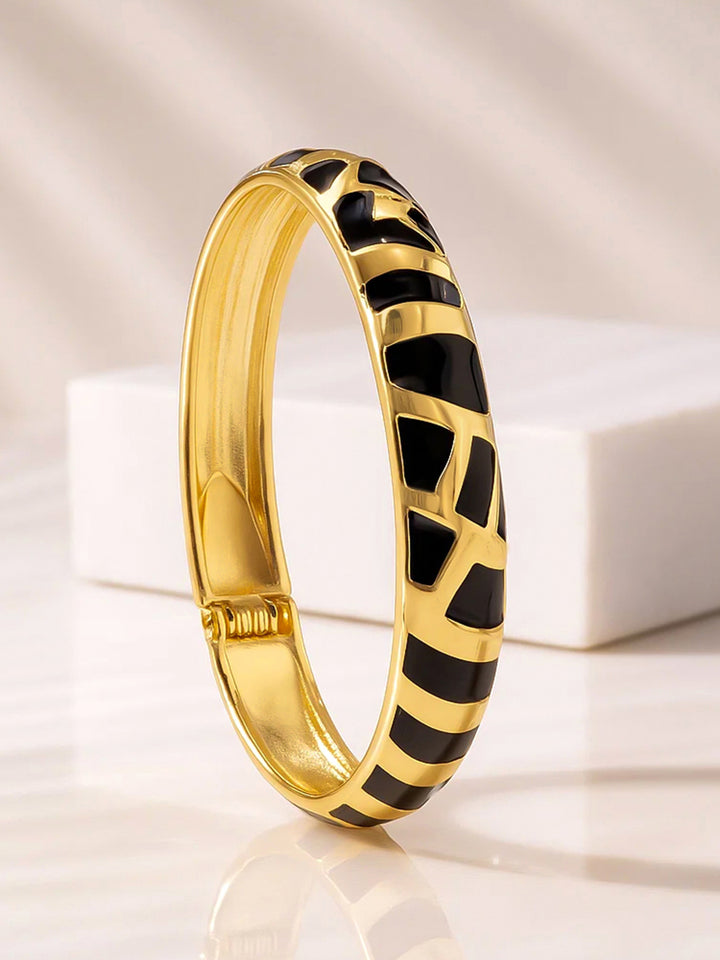 Women 22K Gold-Plated Brass Glossy Black Enamel Pattern Bold Statement Bangle Bracelet