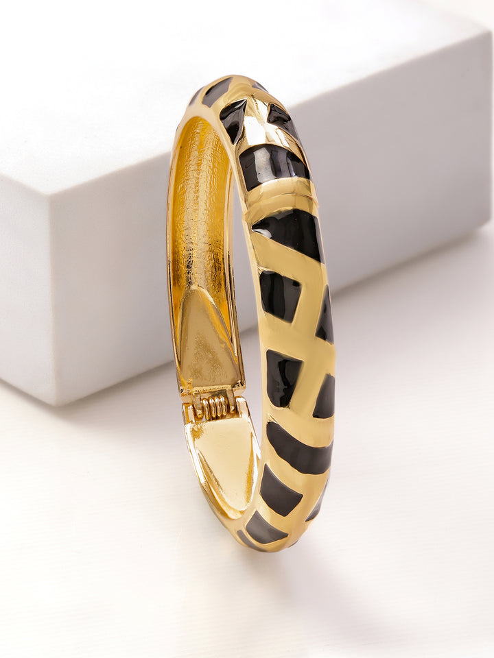 Women 22K Gold-Plated Brass Glossy Black Enamel Pattern Bold Statement Bangle Bracelet