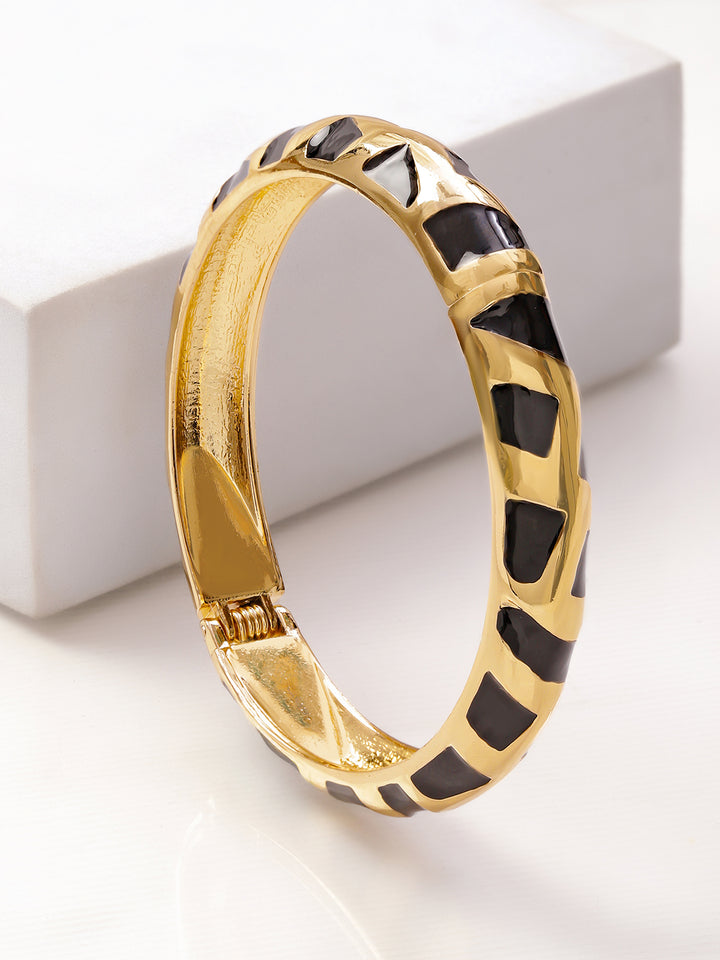 Women 22K Gold-Plated Brass Glossy Black Enamel Pattern Bold Statement Bangle Bracelet