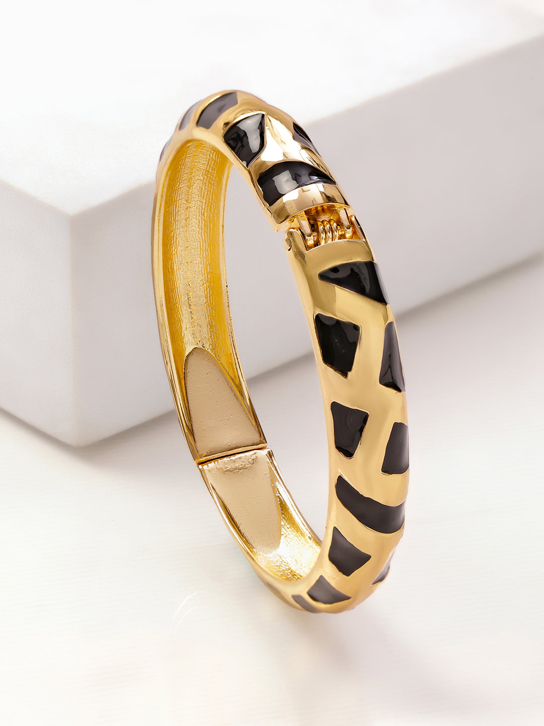 Women 22K Gold-Plated Brass Glossy Black Enamel Pattern Bold Statement Bangle Bracelet