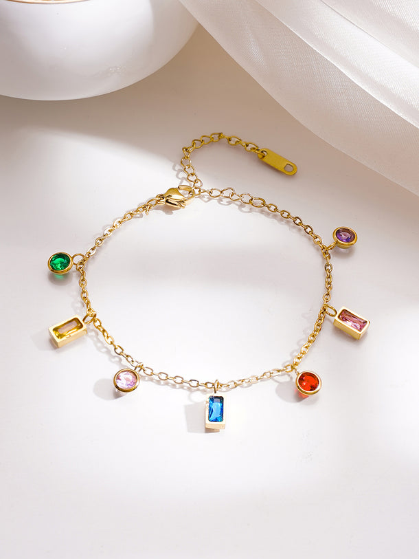 Demifine 18K Gold Plated Stainless Steel Multicolor Zircon Charm Chain Bracelet