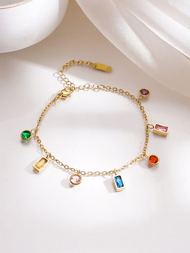 Demifine 18K Gold Plated Stainless Steel Multicolor Zircon Charm Chain Bracelet
