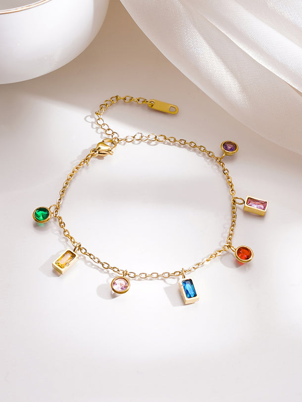 Demifine 18K Gold Plated Stainless Steel Multicolor Zircon Charm Chain Bracelet
