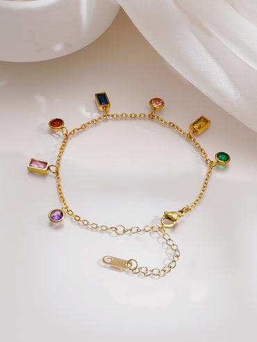 Demifine 18K Gold Plated Stainless Steel Multicolor Zircon Charm Chain Bracelet