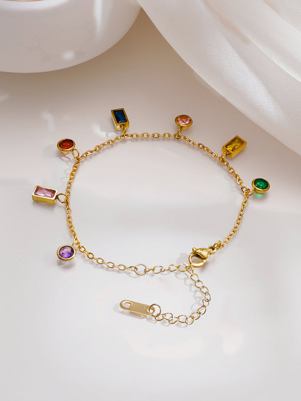 Demifine 18K Gold Plated Stainless Steel Multicolor Zircon Charm Chain Bracelet