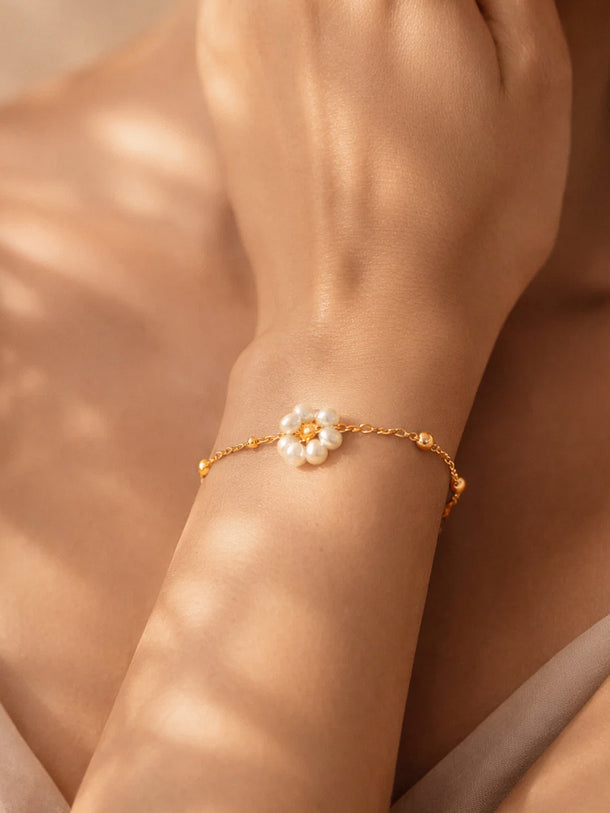 Demi Fine Gold Plated Mini Pearl Floral Chain Bracelet | Anti Tarnish