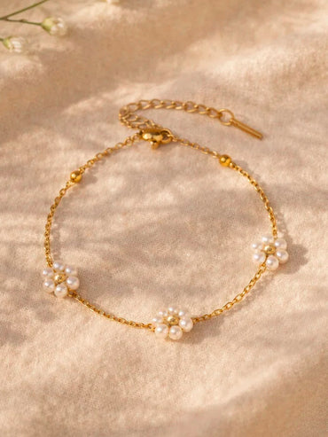 Demi Fine Gold Plated Mini Pearl Floral Charm Chain Bracelet | Anti Tarnish