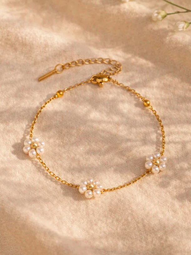 Demi Fine Gold Plated Mini Pearl Floral Charm Chain Bracelet | Anti Tarnish