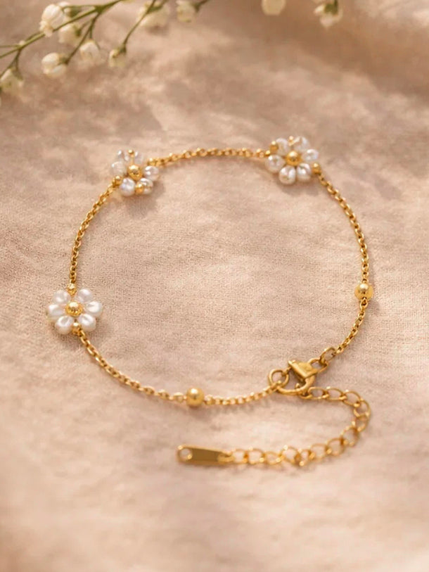 Demi Fine Gold Plated Mini Pearl Floral Charm Chain Bracelet | Anti Tarnish