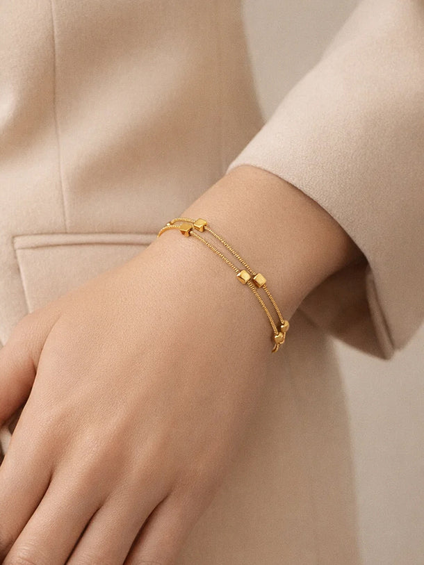 Demi Fine 18K Gold Plated Dual Chain Cube Detail Bracelet | Anti Tarnish