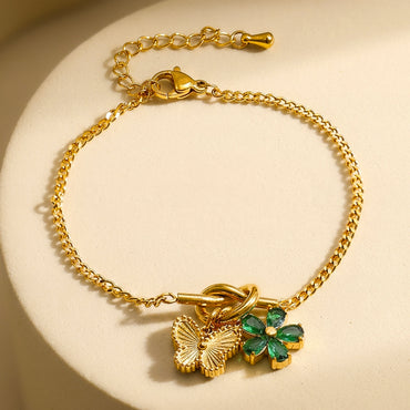 Demifine 18K Gold Plated Stainless Steel Butterfly & Floral Charm Bracelet