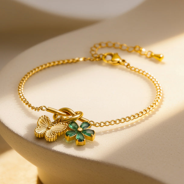 Demifine 18K Gold Plated Stainless Steel Butterfly & Floral Charm Bracelet